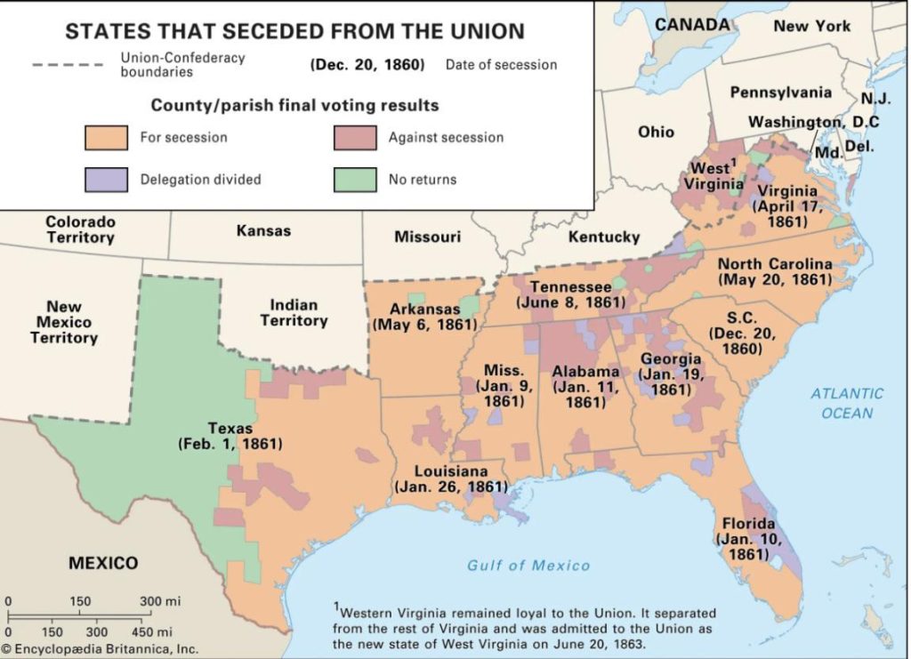 Electoral map of the US South showing votes on secession by county